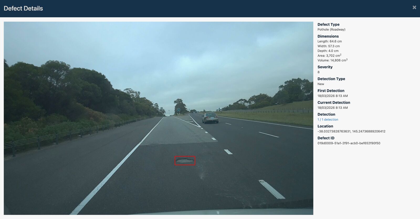 Stereo vision measurement overlay on road defect
